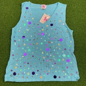Vintage Y2K NWT Pink Poodle Blue Embellished Sequined Knit Tank Top Sz L